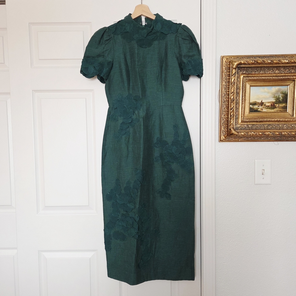 Antonio Melani Willow Floral Applique Mock Neck Short Sleeve Midi Dress Emerald